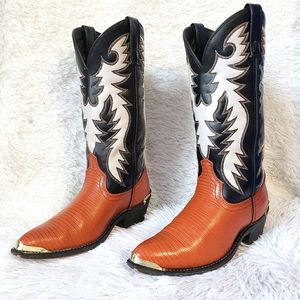 Custom Shaft Laredo Atlanta Gold Tip Western Boots Black White and Orange Lizard